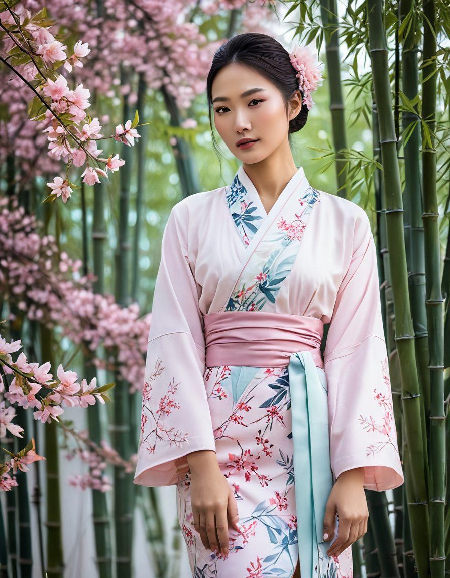 A graceful Asian woman in a modern, stylish outfit inspired by traditional garments, surrounded by elements showcasing Asian aesthetics like bamboo, cherry blossoms, and intricate patterns. Soft pastel colors accentuate femininity, while a blend of technology and nature in the background symbolizes modernity. The woman's confident pose represents empowerment and redefined beauty. super-realistic. vibrant colors. white background.