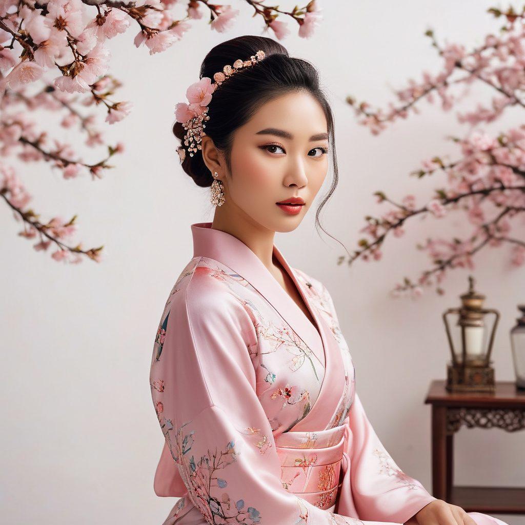 A stylish Asian woman confidently showcasing a blend of traditional and modern fashion, surrounded by elegant beauty products like silk fabrics, floral patterns, and shimmering makeup. The background features cherry blossoms and soft pastel colors, enhancing the theme of feminine allure. Include elements representing trends in Asian aesthetics, like intricate hair accessories and vibrant fabrics. super-realistic. vibrant colors. white background.