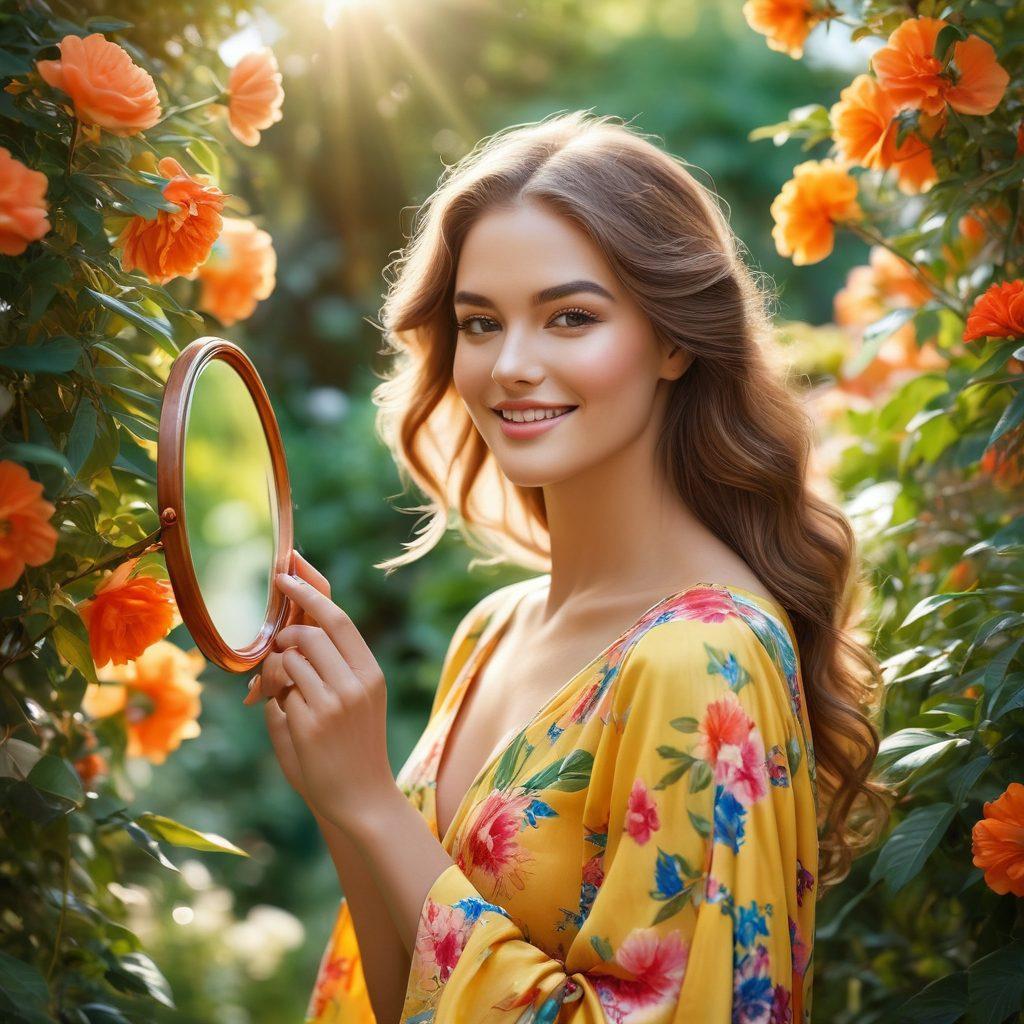 A radiant woman exuding confidence stands in a lush garden, surrounded by blooming flowers, showcasing effortless beauty and fashionable attire. Her hair flows elegantly in the breeze, while she holds a delicate mirror reflecting her vibrant smile. Soft sunlight filters through the leaves, casting a warm glow on her, enhancing the peaceful yet empowering atmosphere. Elements of beauty and fashion like makeup brushes, elegant accessories, and stylish clothing are subtly interspersed in the scene. super-realistic. vibrant colors. soft focus.